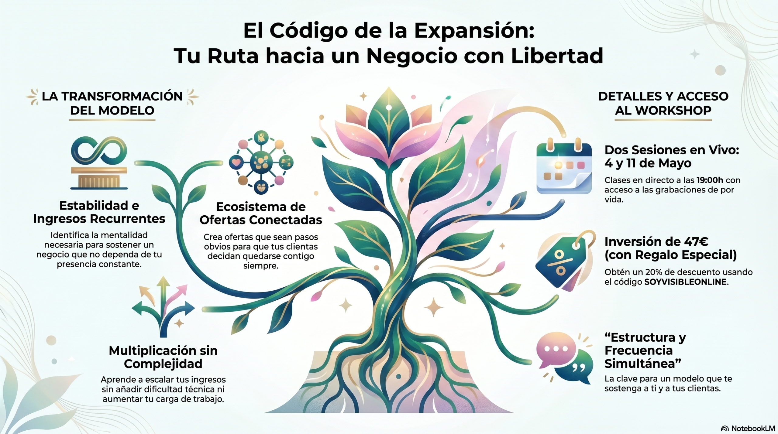 Infographic banner about growing a business with freedom, featuring a colorful tree and sections on model transformation, connected offers, and live workshop details in Spanish.