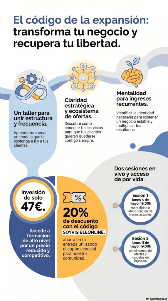 Infografía en español sobre expansión empresarial con secciones sobre estructura, claridad de ofertas y mentalidad para ingresos recurrentes, en colores azul y naranja.